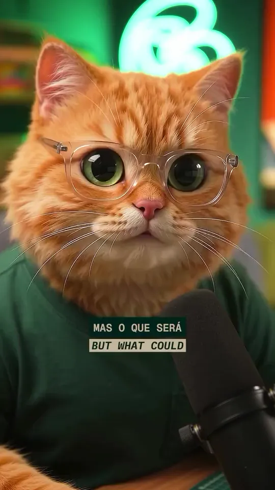 Orange cat in glasses speaking into a microphone, looping animation